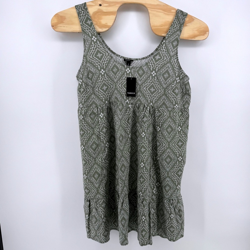 Torrid Babydoll Dress Size 0 Olive Green Geometric Print Tiered Pocket Tank - Picture 2 of 9